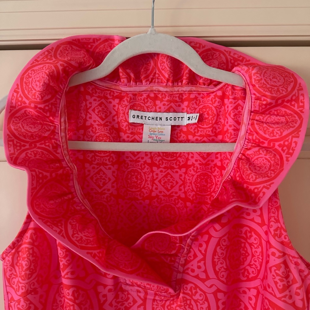 Gretchen Scott Pink Patterned Ruffle Collar Dress